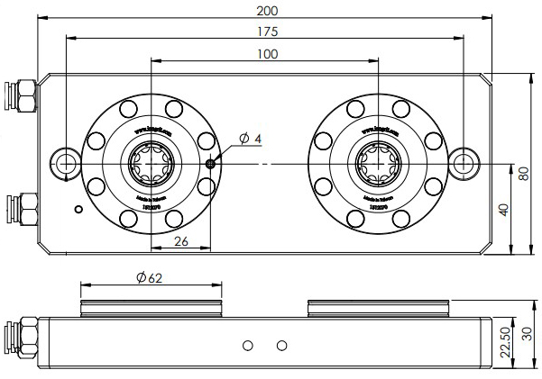 Basiseinheit mit zwei pneumatischen 62 mm Spanntöpfen und einer Indexierbohrung.