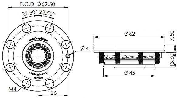 Spanntopf 62 mm, pneumatisch, mit Indexierbohrung von INNGRIT für präzise Spanntechnik in der CNC-Bearbeitung